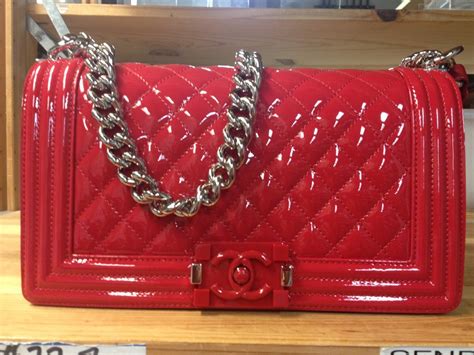 red chanel patent boy bag|More.